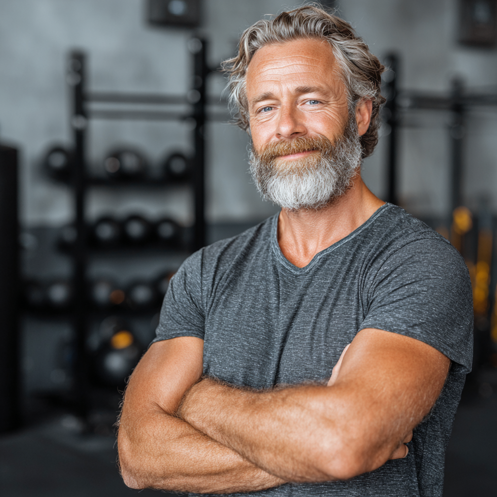 Confident middle-aged man in his 50s after completing a workout session, showing satisfaction and achievement in a professional gym environment
