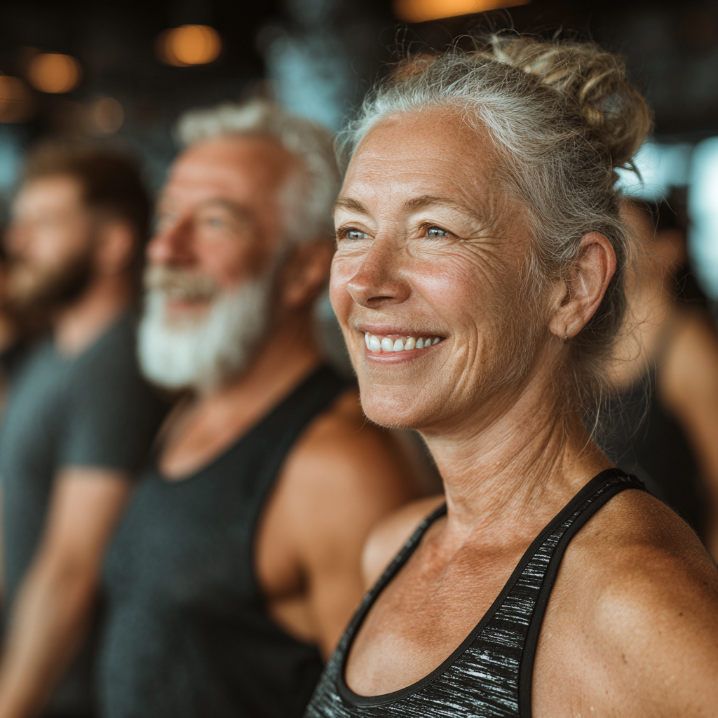 Group of active adults aged 45-55 participating in a fitness class together, showing teamwork and motivation in a bright gym environment