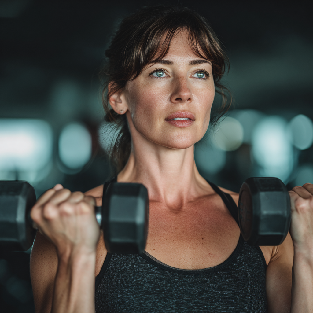 Middle-aged woman in her 40s performing strength training exercises with dumbbells in a modern gym setting, showing proper form and determination